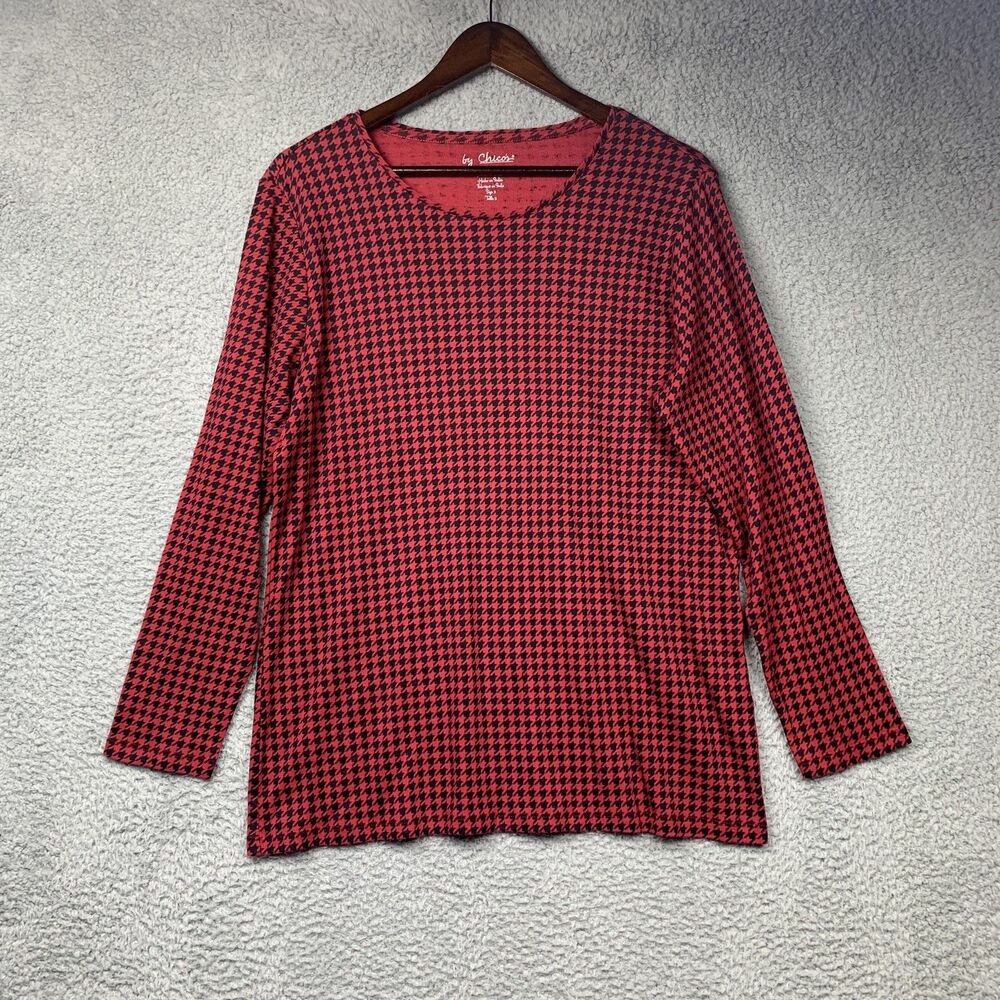 Chico's Shirt Womens 3 (XL) Red Black Houndstooth Long Sleeve Cotton